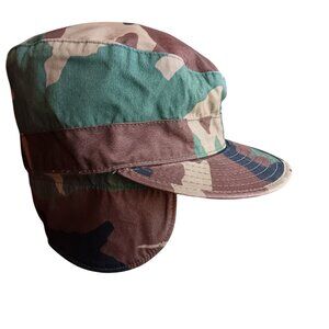 Vintage Woodland Camouflage Cotton/Nylon Military Cap Size 6 3/4 With Ear Flaps